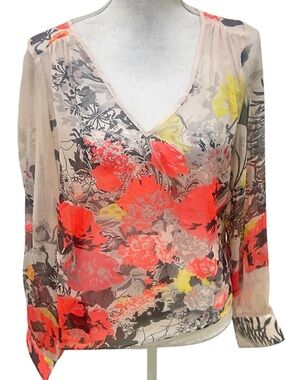 Buffalo David Bitton Sheer Floral V-Neck Blouse neon Coral cream yellow medium